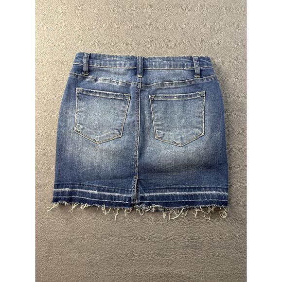 KANCAN Y2K‎ Distressed Frayed Raw Hem Denim Mini Jean Skirt Pockets Stretch 1/24 - Picture 7 of 8